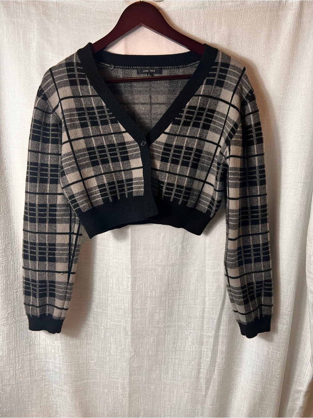 PLAID CROPPED CARDIGAN in Black and Cream SIZE LARGE